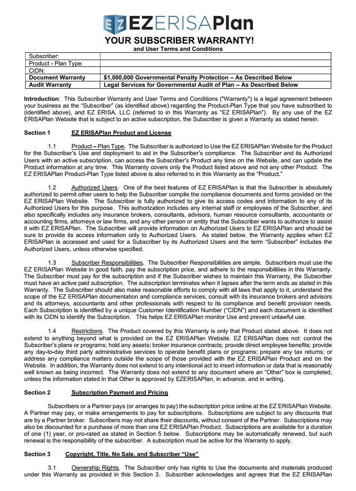 Sample Warranty for ERISA Wrap Documents